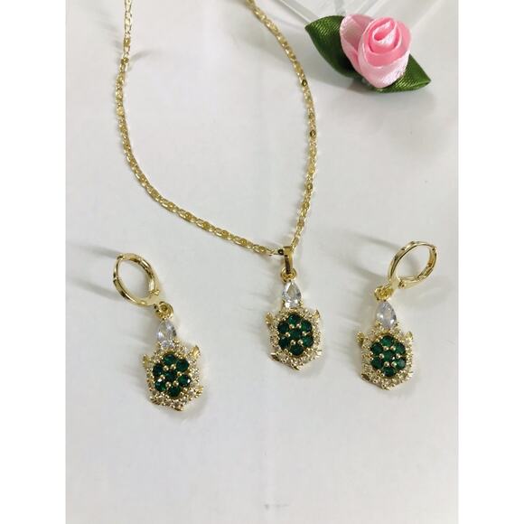 18K Gold Filled Oro Laminado Turtles Pendant Thin Necklace & Earring Set 18" - Picture 2 of 5